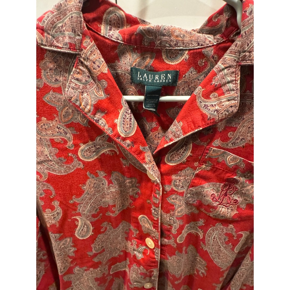 Lauren Ralph Lauren Women's Red‎ Paisley Print Pajama Top Long Sleeve Button Up